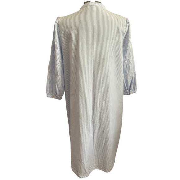 Loft Blue & White Striped Shirt Dress L 3/4 Sleeve Embroidered  Button Front - Picture 4 of 8
